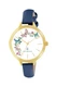 New Olivia Westwood Ladies Flower Design Gold Minimalist Blue Strap Watch 